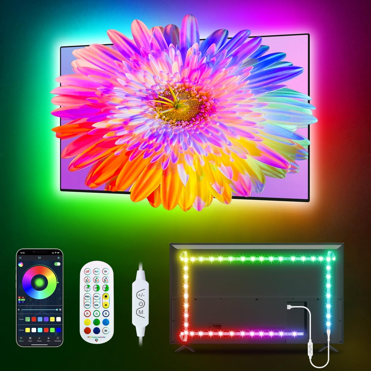 Daymeet RGB LED Backlight for TV, 16.4ft, Bluetooth APP Control, Sync with Music, Model XR-BT-10-5-US, Dreamcolor