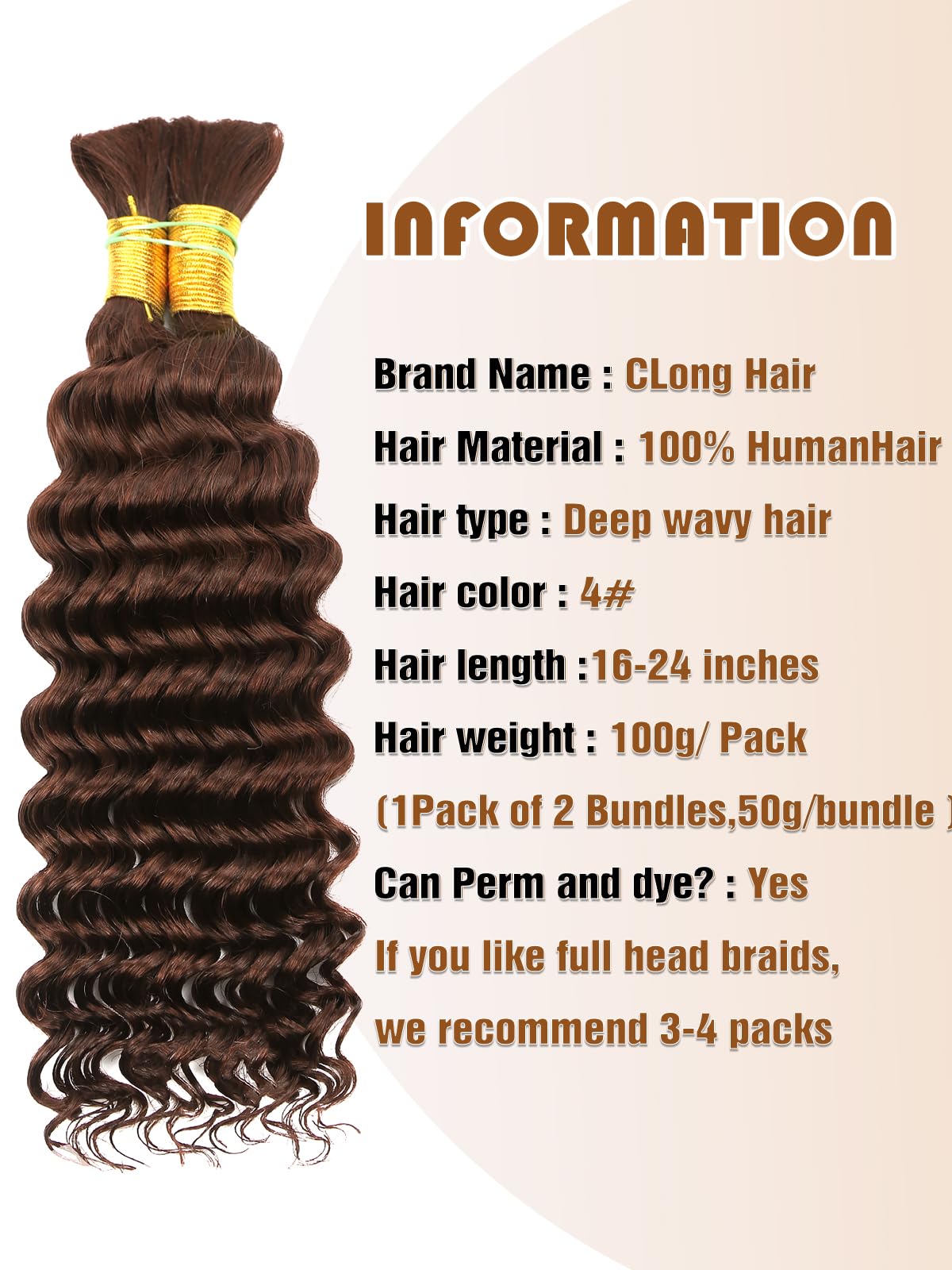 Chocolate Brown Human Braiding Hair Deep Wave Bulk Human Hair, 4# Color No Weft Curly Braiding Hair Extensions for Boho Braids W
