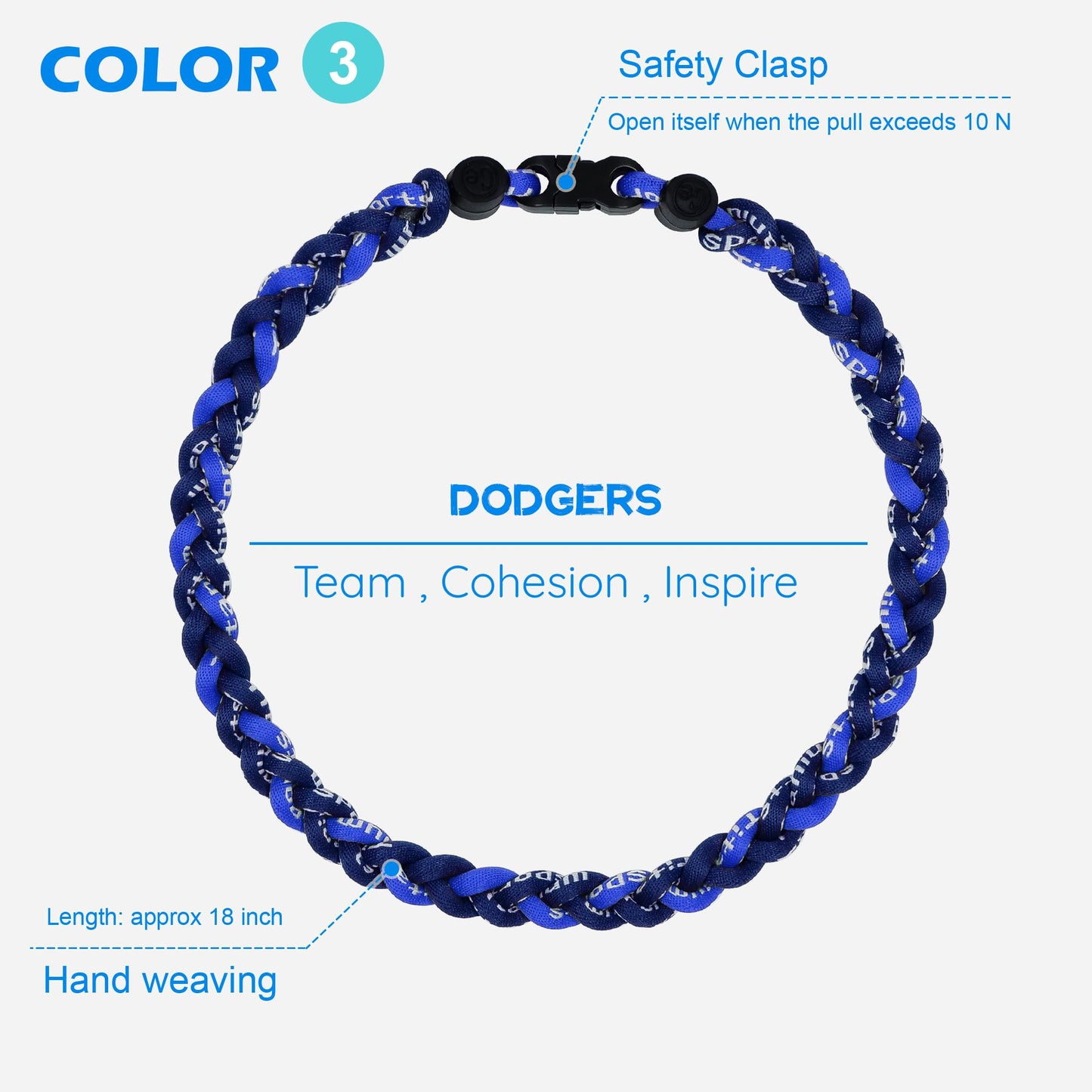 SUPBOMM 3 pcs Baseball Rope Necklaces, League Team Colors Braided Necklace, Baseball Team Gifts, Dodgers