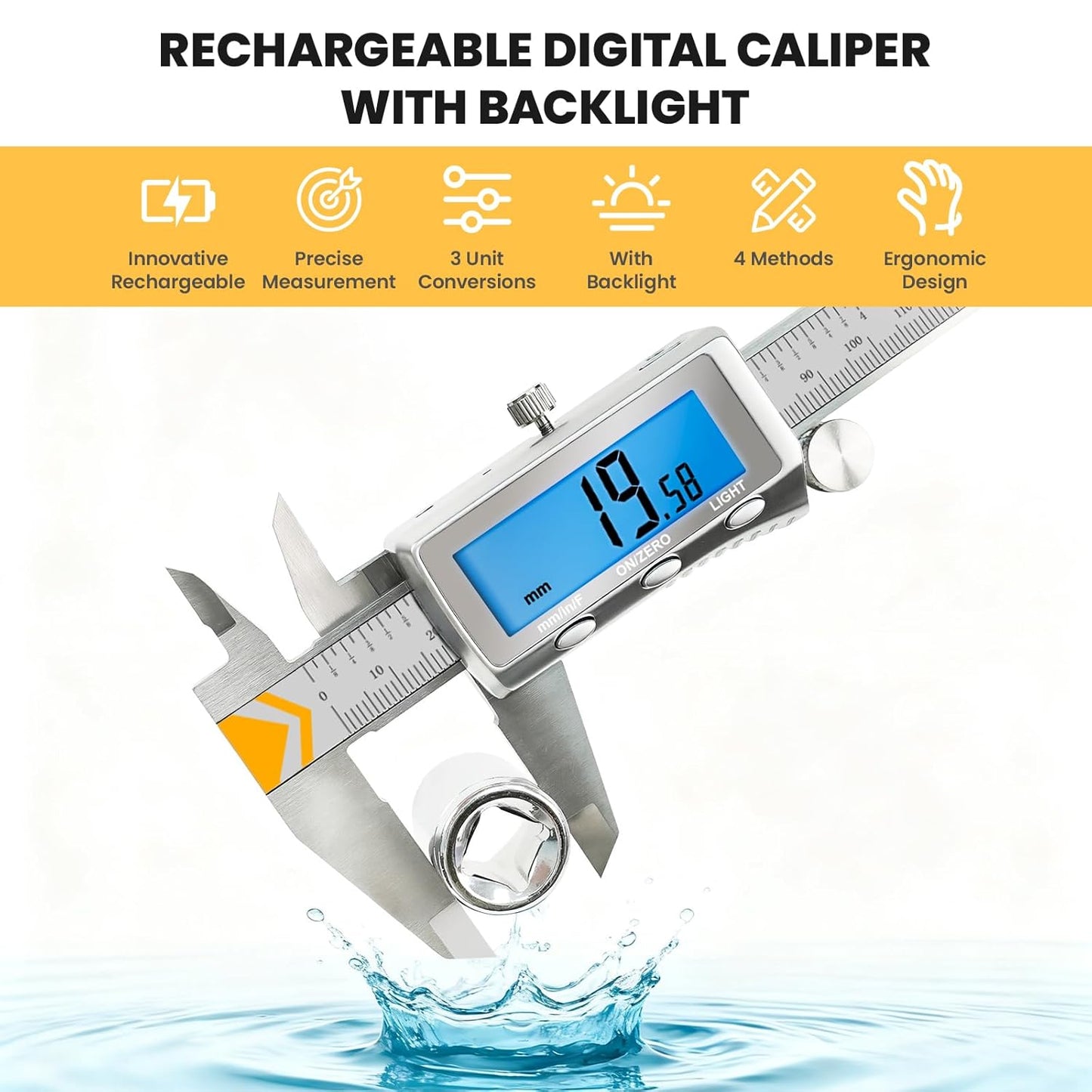 Digital Caliper, Rechargeable Caliper Measuring Tool with Backlight LCD Screen,Vernier Dial Caliper Stainless Steel with Auto-Off Feature,Inch Metric Fraction Conversion, for Jewelers/Woodworkers/DIY