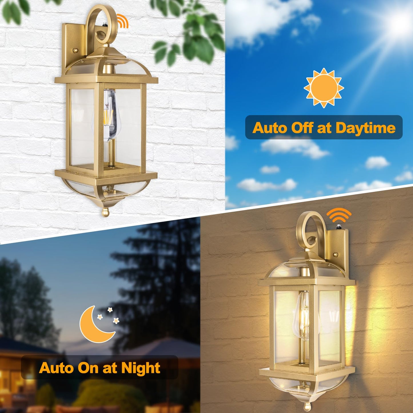 Roravilila Golden Outdoor Sconces 2-Pack, Ip65 Waterproof Aluminum Wall Lanterns With Dusk To Dawn Sensor