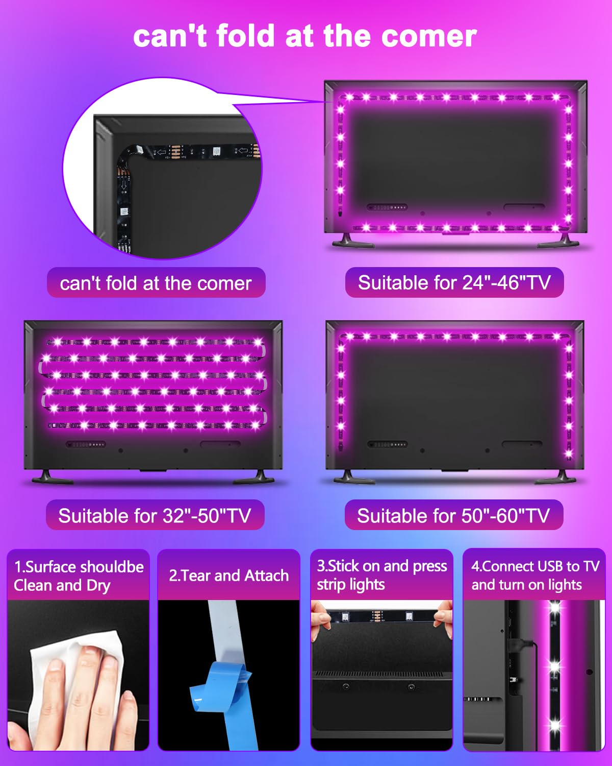 Daymeet LED Backlight for TV, RGB Light Strip, 9.8ft for 32in-60in TV, USB Powered, Remote & Music Sync, Model DML-3M-RGB