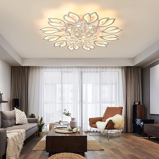 Tioolo Modern Ceiling Lamp, Dimmable LED Ceiling Light, 12-Head Flush Mount Flower Shape Chandelier with Remote, Acrylic Petal Lighting Fixture for Bedroom Kitchen Dining Living Room (55W,White)