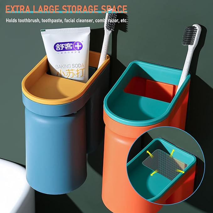 Toothbrush Holder Wall Mounted with Cup,2-in-1 Toothbrush Holders & Cups Set,Inverted Design for Easy Cleaning and draining,Stick-on Toothbrush Holder for Bathroom (Orange)