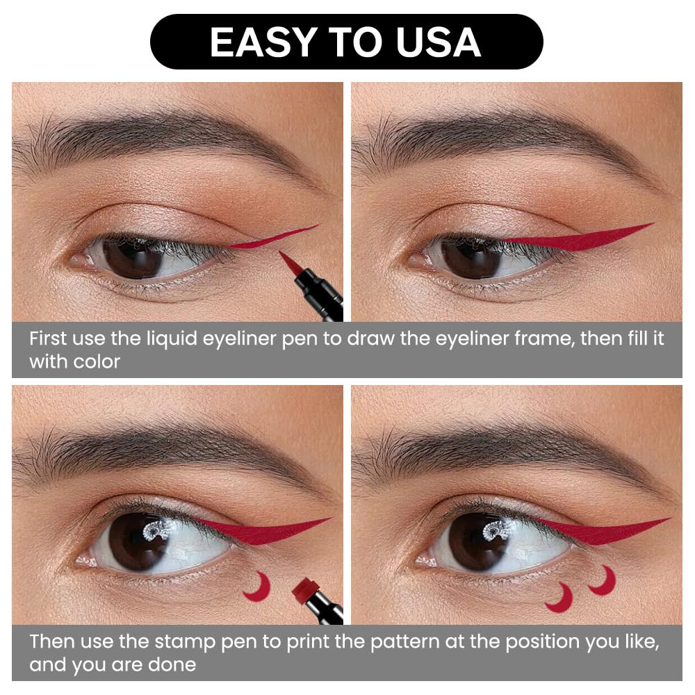 evpct 1Pcs 2-in-1 Red Colored Winged Eyeliners Stamp, Red Moon Face Stamps Makeup, Waterproof Eyeliner Eye Stamp Liners Tool Set