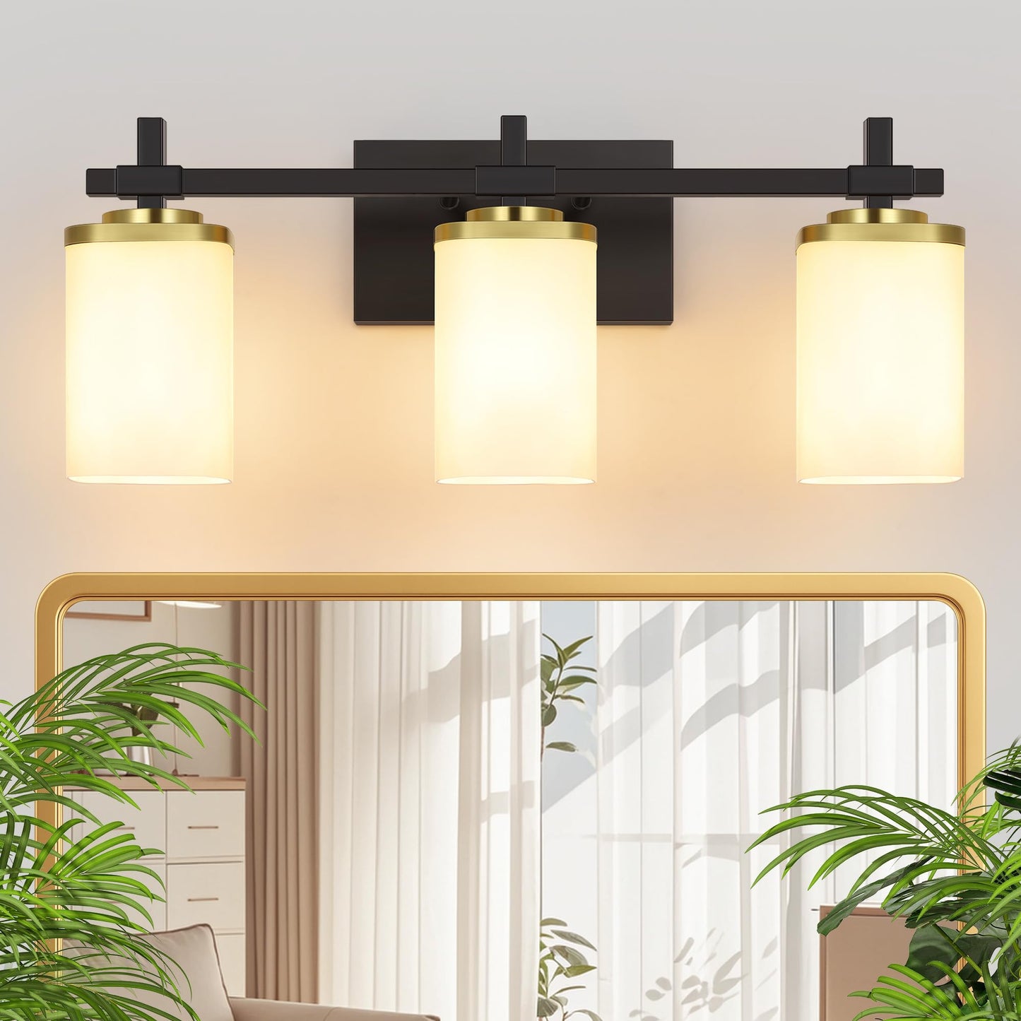 Spiglamm 3-Lights Black and Gold Bathroom Lighting Fixtures Over Mirror, Anti-Rust Vanity Wall Lights for Bathroom with Milky White Frosted Glass Shades, Modern Bath Wall Lamp for Living Room Bedroom