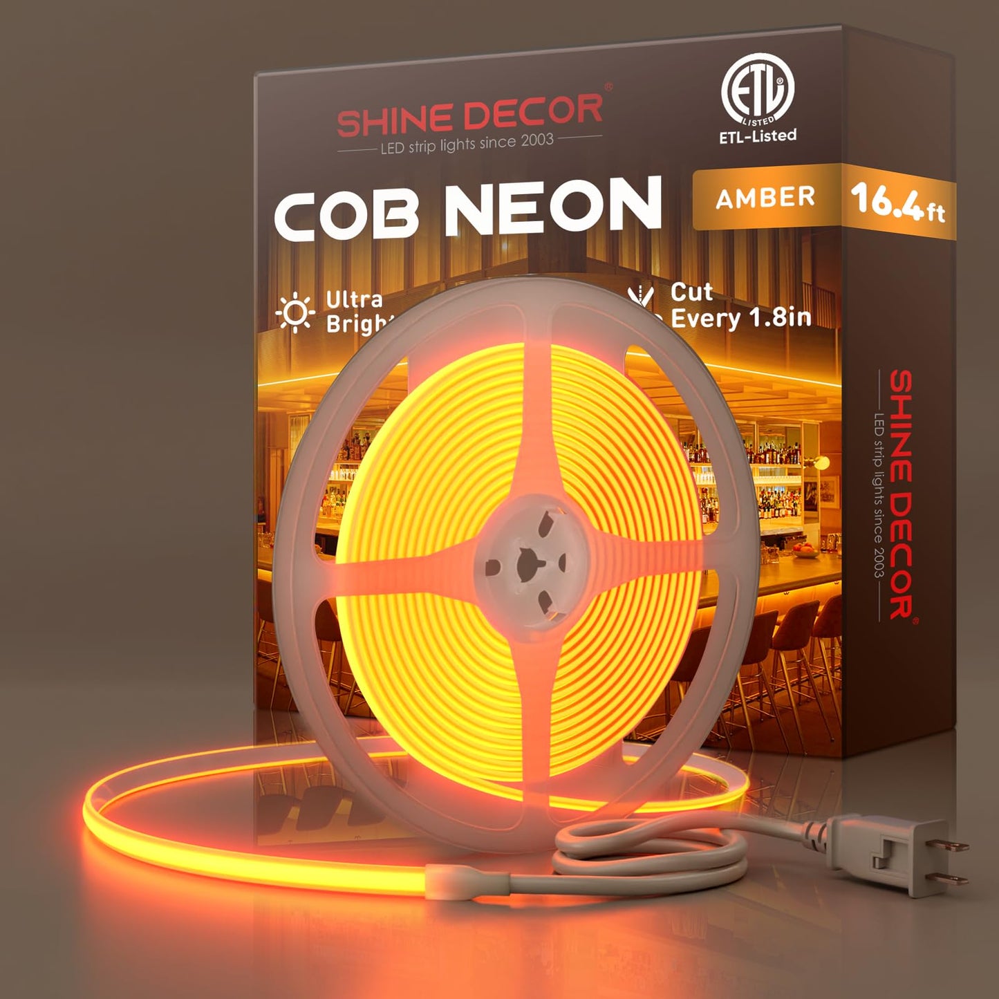 Shine Decor Cob Led Rope Light Ac 120V  800Lm Ultra Bright  Ip65 Waterproof Cold-Resistant Etl Neon Strip  No Driver Tape Lighting For Home Commercial 10X4.5Mm  Amber  16.4Ft