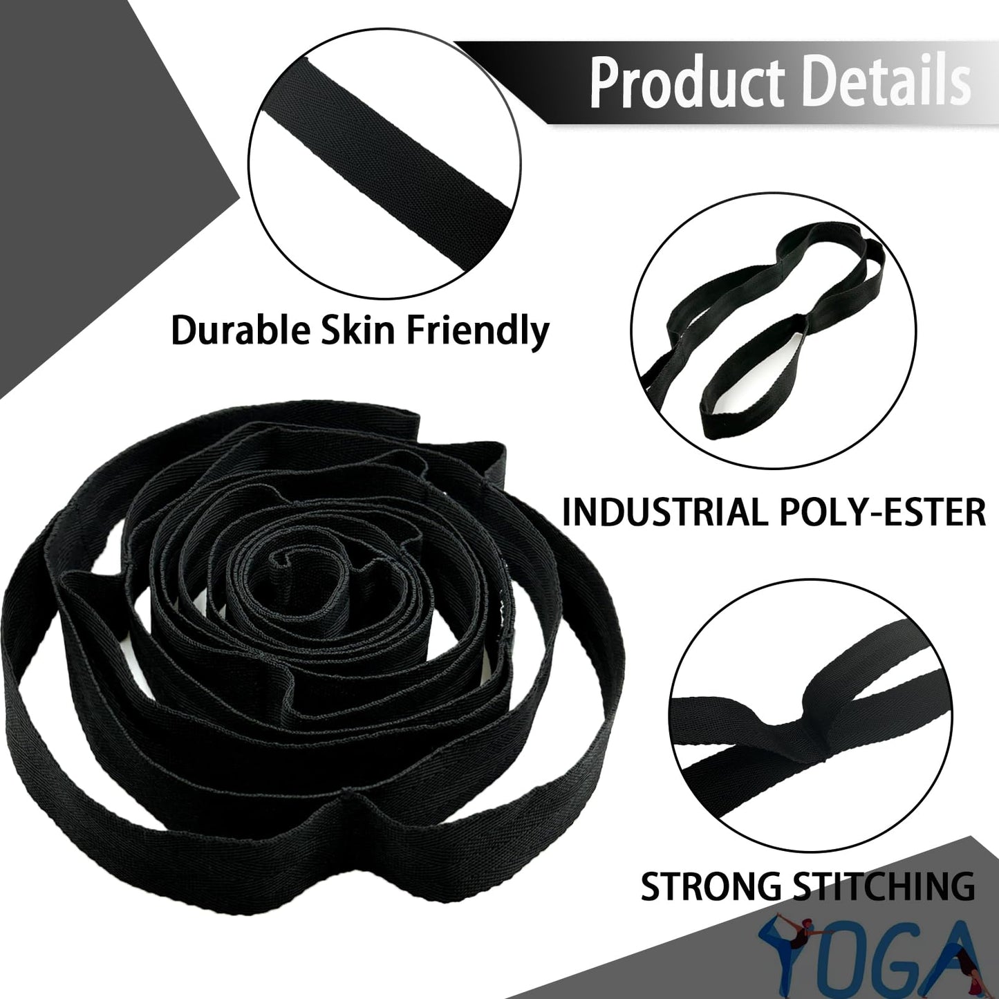 Stretching Strap Yoga Strap with Loops, Stretch Straps for Physical Therapy, Non-Elastic Exercise Strap for Pilates, Dance and Gymnastics with Workout Guide (Black+Black)