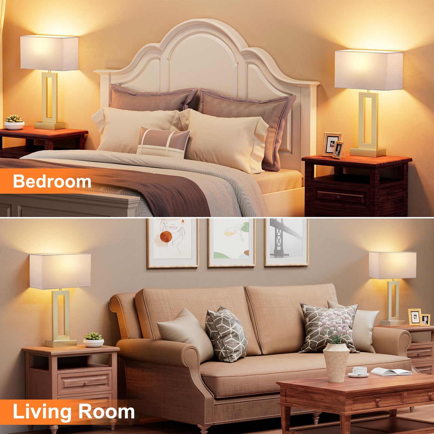Seealle Nightstand Table Lamps Set of 2, Touch Control, USB C+A, 3-Way Dimmable, Medium, White&Gold, Model: jinshumian1 16
