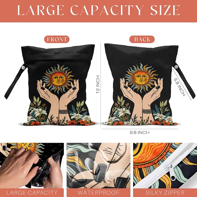 4Pack Witchy Gifts Boho Wet Bag Waterproof Reusable Wet Dry Bag for Swimsuit Diaper Sun Moon Star Butterfly Mushroom Floral Travel Yoga Toiletries Gift for Women Mom Birthday Christmas Halloween