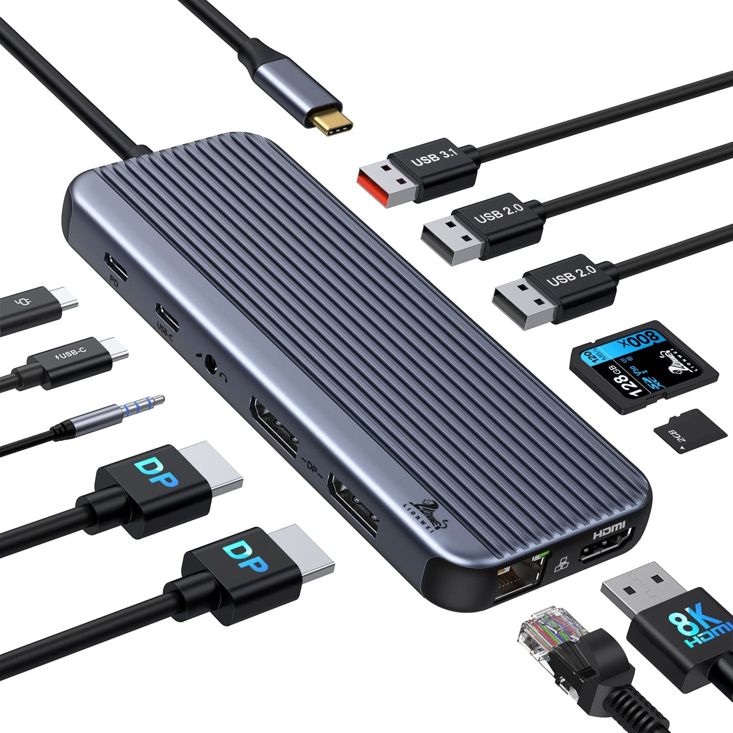 Usb C To Dual Displayport 4K Docking Station Adapter, 12-In-1 Lionwei 10Gbps Usb C Hub Dock With 2 Dp, Hdmi, Usb 3.1, Ethernet P