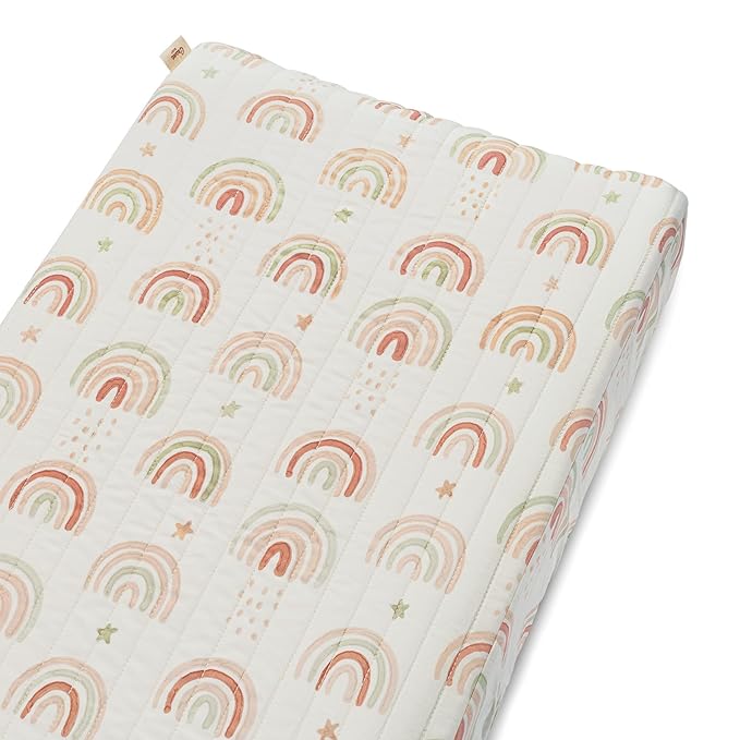 Crane Baby Quilted Changing Pad Cover, 100% Cotton Sateen, 16 X 32, Secure Elastic Fit, Machine Washable, Pink Rainbow Nursery Decor for Girls