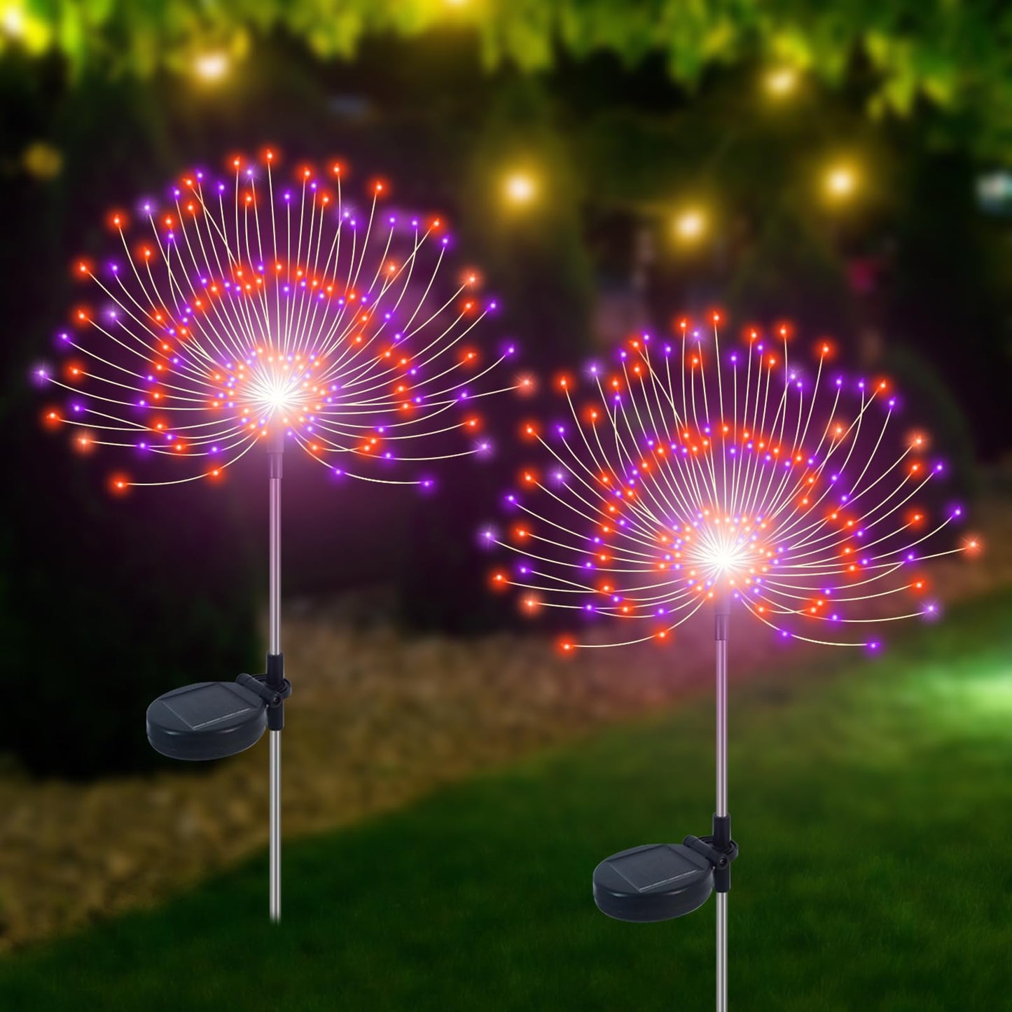 Slyuexu Solar Firework Lights, 120 LED Waterproof Outdoor Garden D?or, 2 Pack, Purple + Orange, Model YF00016
