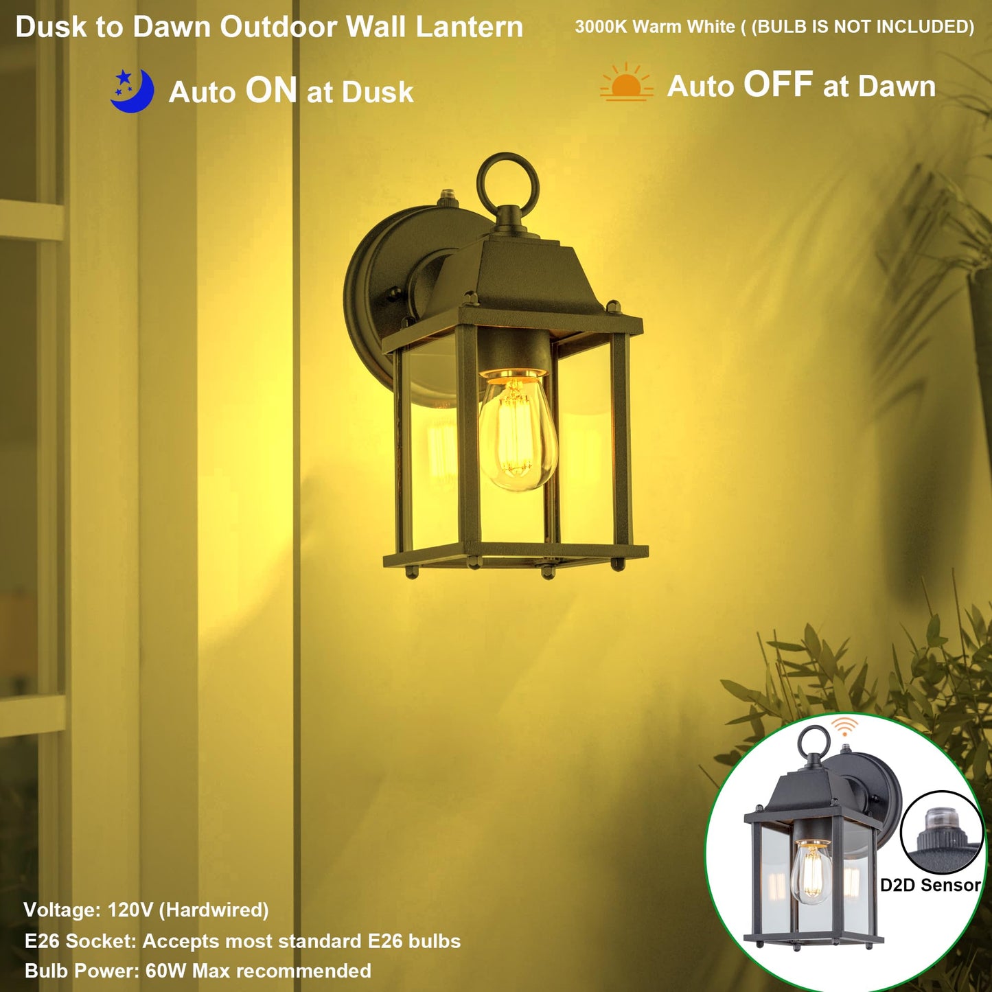 LIT-PaTH Outdoor Wall Lantern, ETL Qualified, Aluminum & Glass, 60W Max, 1-Pack, Black, Model LT-WL009