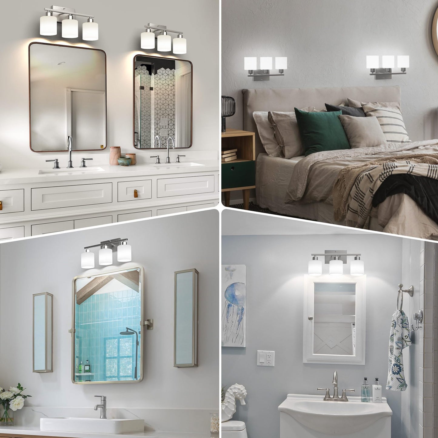 Dekang Bathroom Light Fixtures Over Mirror Brushed Nickel, Rustproof 3-Light Bathroom Vanity Lights, 18 Inches Modern Wall Sconces E26 Base, Milky White Glass Shades, Bulbs Not Included