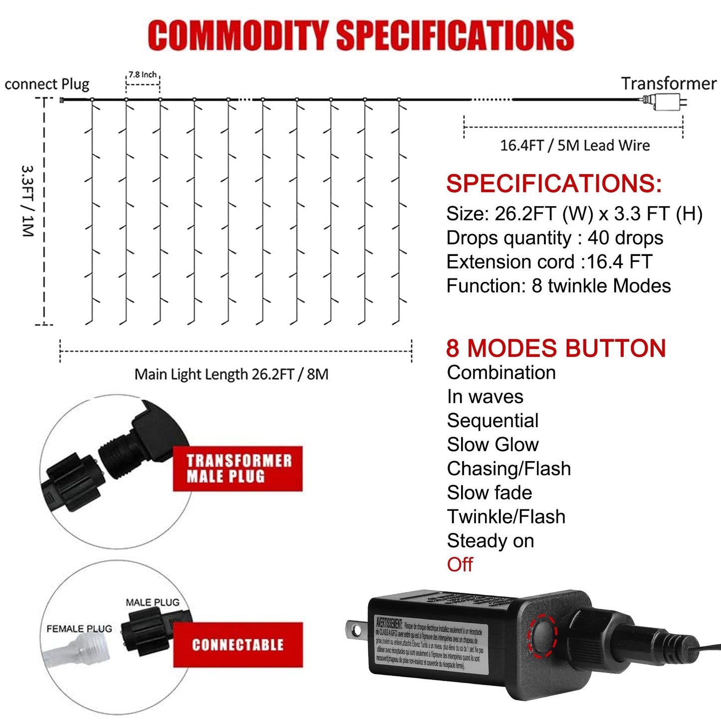 kemooie 400 LED Outdoor Curtain Lights, Warm White, 26.2FT x 3.3FT, 8 Modes, Model HB-400CCOI