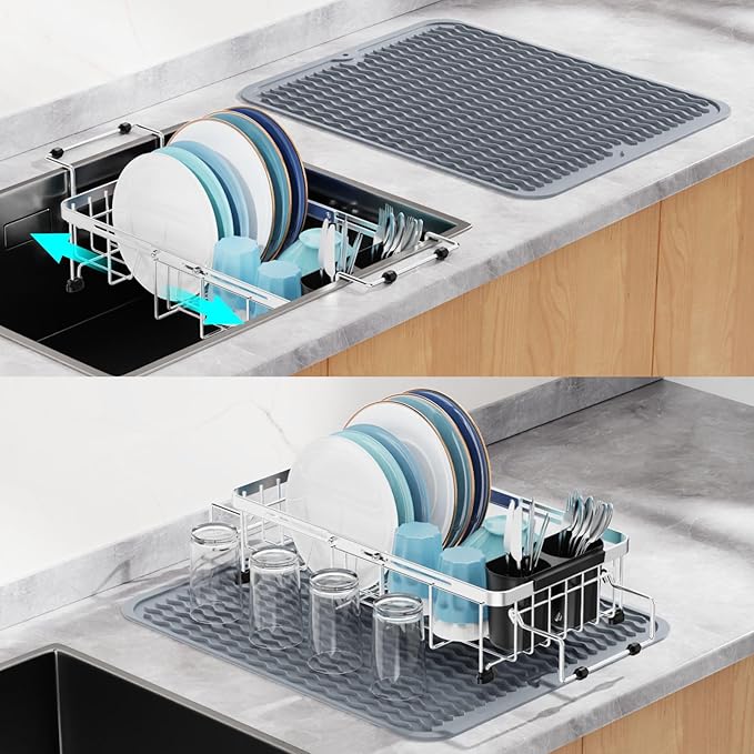 GSlife Small in Sink Dish Drying Rack - Stainless Steel Capacity Expandable Dish Drainer with Utensil Holder for Counter or Inside Sink, 11.9“-16.7” L x 9" W x 5.7" H, Silver