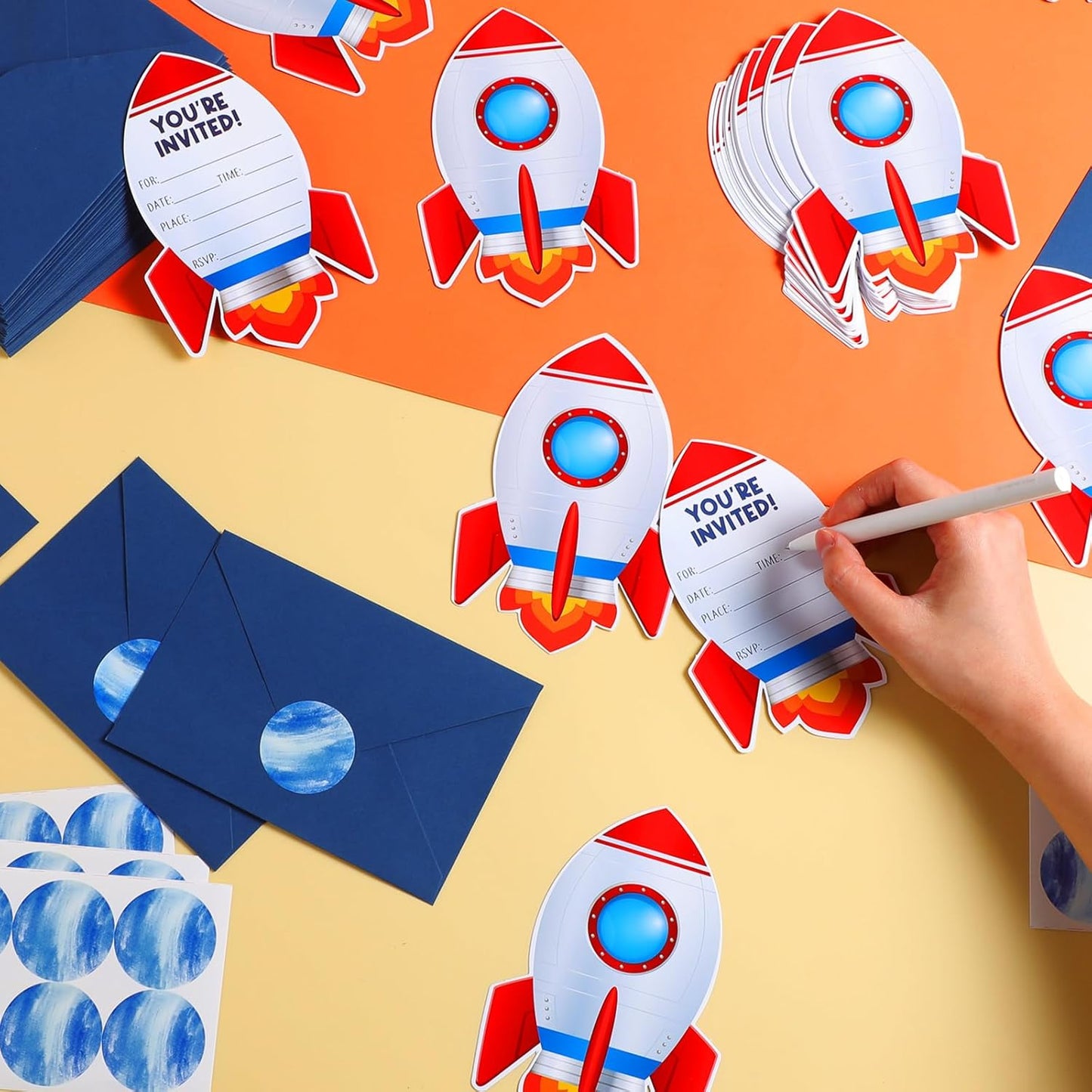 30 Sets Rocket Space Christmas Birthday Invitations with Envelopes Stickers Galactic Planet Themed Invitations for Boy Kids Birthday Party Supplies Decoration