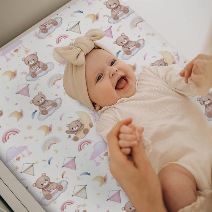 Watercolor Bear Rainbow Pink Changing Pad Covers for Baby Girls Cute Bears Moon Stars Clouds Fitted Change Table Covers Mats Animal Soft Diaper Changing Table Sheets for 32''×16'' Contoured Pad