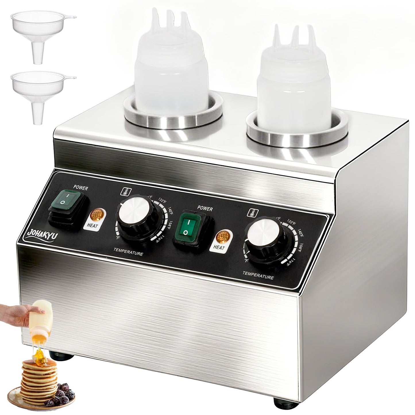 JOHAKYU Commercial Electric Sauce Warmer Dispenser – Stainless Steel Countertop Hot Fudge/Nacho Cheese Warmer with 2×650ml Squeeze Bottles and 2 Funnels (2 Grids)