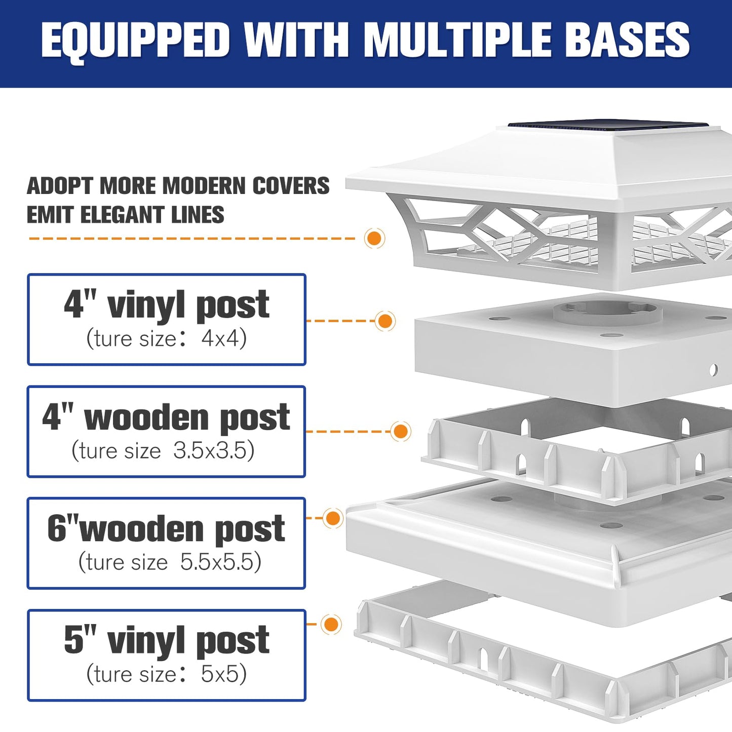 VOLISUN Solar Post Cap Lights - 8 Pack, Waterproof, Warm White/Black, Fits 4x4/6x6 Posts, Model 21179ZM