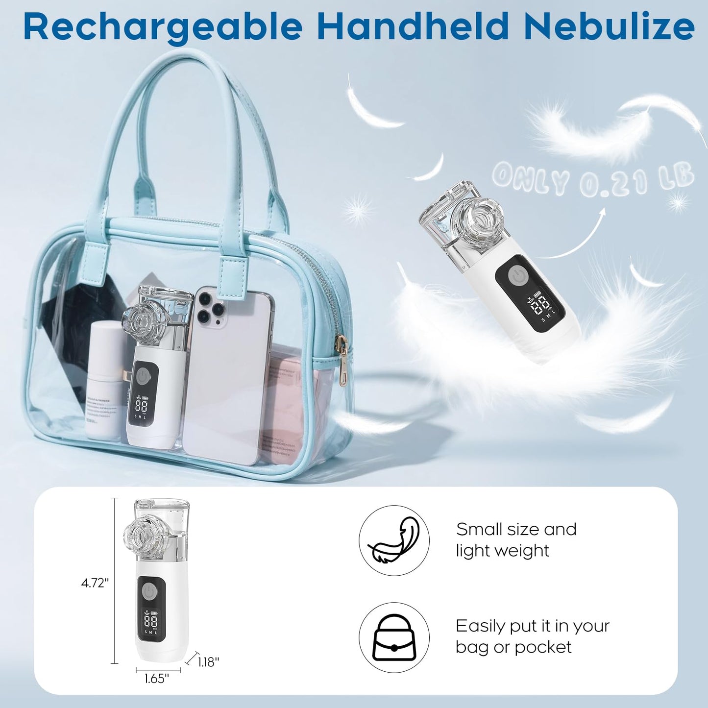 Smart Digital Display Portable Nebulizer for Adults and Kids, Ultra-Quiet Handheld Nebulizer with Self-Cleaning and Accessories - Rechargeable Nebulizer for Travel and Home Use Space