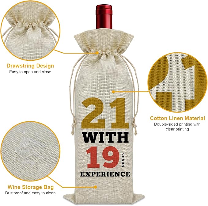 Sazuwu Funny 40th Birthday Gifts Wine Bag 40 Year Old Birthday Gifts for Friend 1984 Birthday Gifts Wine Bottle Decoration Bag 21 with 19 Years Experience Wine Accessories Gifts for Wine Lovers