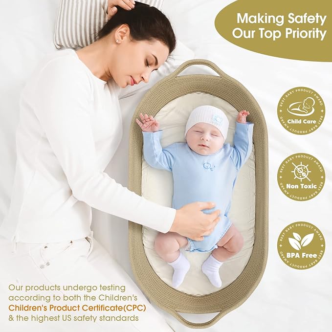 meloom Baby Changing Basket with Pads and Safety Belt- 100% Cotton Boho Baby Moses Basket Changing Table and Thick Pad with Waterproof Mattress Cover, Nursery Decor in Taupe Color with Storage Bag