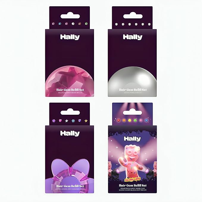 Hally Hair 360 Refill for Hair Gems - Multicolored Adhesive Jewels Only (No Stamper) – Hearts, Stars, Flowers, Pearls – Blacklight Glow – Hair Accessories for Girls & Teens