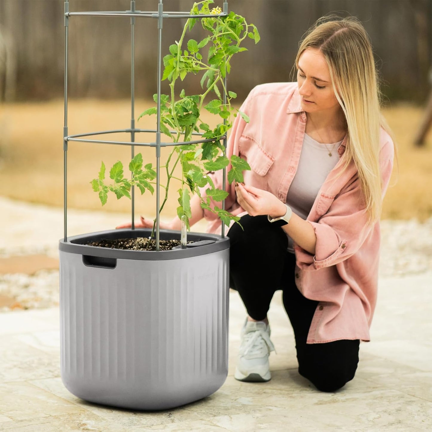 Vego garden Planters for Outdoor & Indoor Plants, Large Plant Pots with Self Watering, 15" Tall Large Plant Pots with Trellis for Flowers Plants Decor, Fog Gray