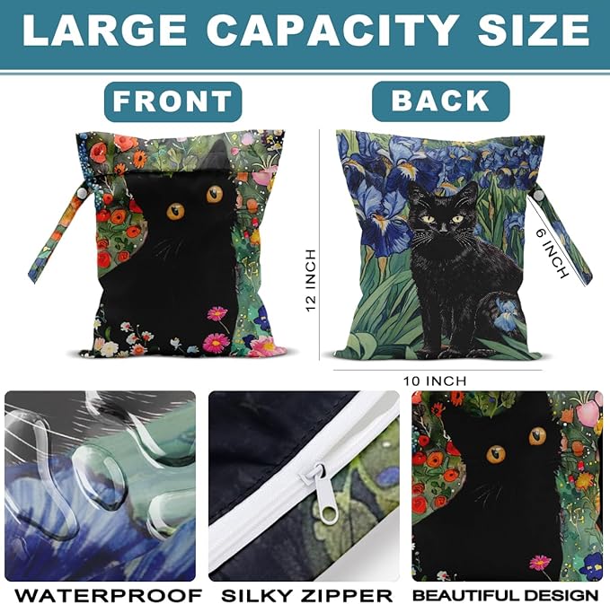 2Pcs Cat Wet Bag 12x10 Inch, Colorful Floral Waterproof Travel Laundry Bags, Washable Reusable Wet Dry Bag for Swimsuit Beach Diapers Dirty Yoga Gym Clothes, Flowers Gifts for Women Friend Travelers