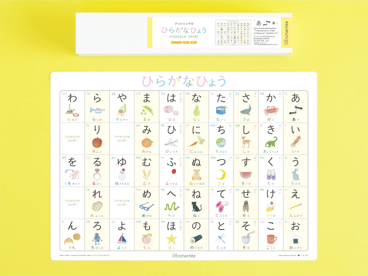 Enchantée Learning Japanese Hiragana Chart A3 Rounded Corners Waterproof