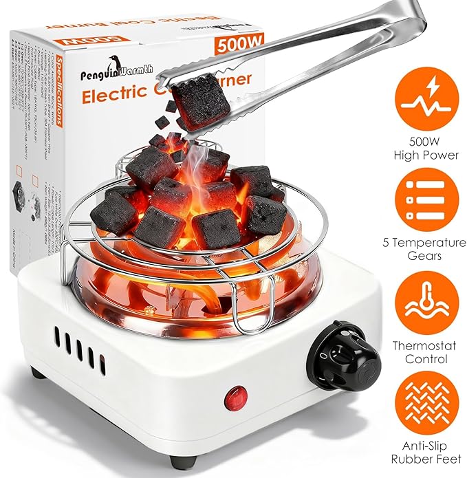Electric Charcoal Burner Stove, 500W Hookah Single Coil Hot Plate Starter with Grill Tongs, 5-Level Temp, Smart Heat Control & Stainless Steel Fast Heating for Cooking top Countertop(White)