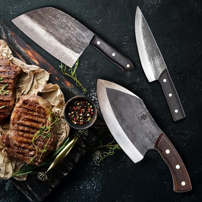 COOLINA Knife Set – Lixy, Tungsten & Promaja Knives Bundle – 3-Piece Hand-Forged Carbon Steel Kitchen & BBQ Knives – Full Tang Butcher, Chef & Cleaver with Wooden Handles