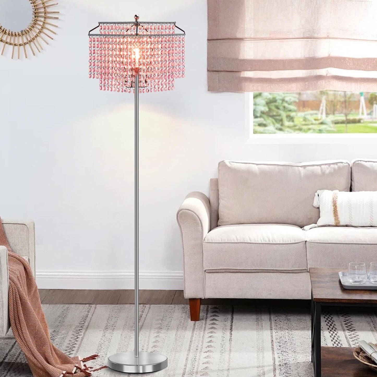 Luvkczc Pink Crystal Floor Lamp, 64 Tall Metal Standing Lamp With Double-Layer Lampshade, On/Off Foot Switch For Living Room And Office