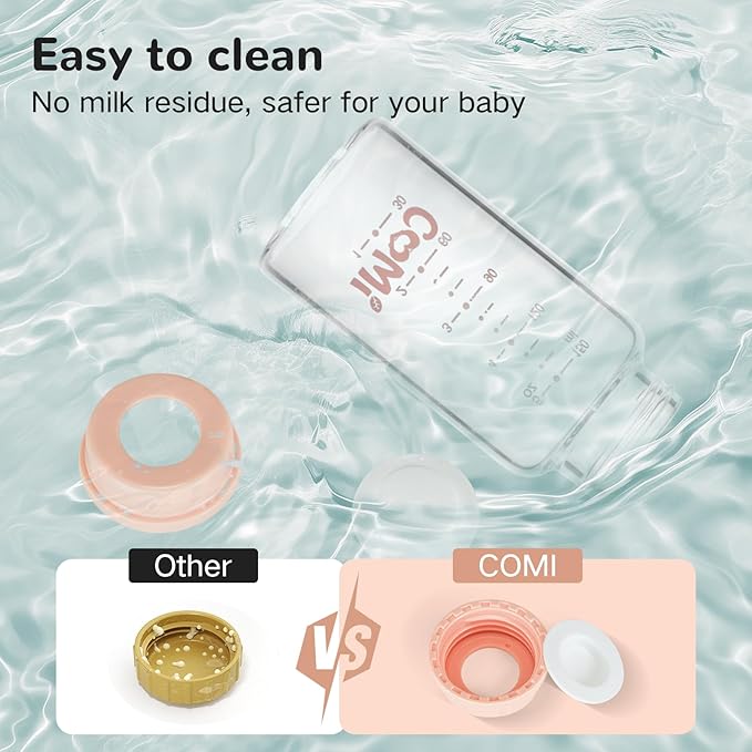 COMI Natural Glass Baby Bottle,Standard Neck Breastmilk Storage Bottle for Fridge,Breast Milk Container,Breast Pump Bottle Compatible with Medela Breast Pump,BPA Free,4PCS(5oz,4 Pink Lids)