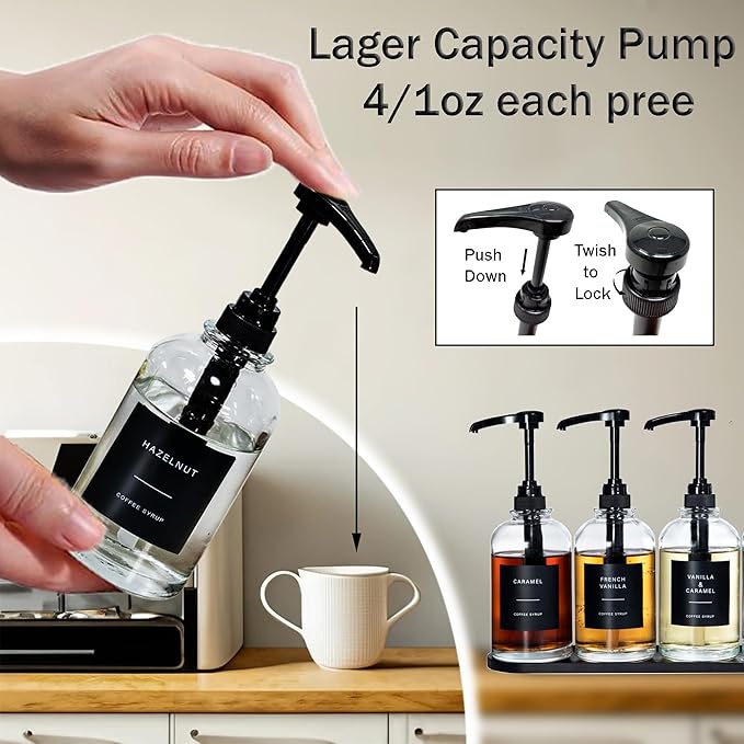 Coffee Syrup Pump Dispenser - Glass Bottle with 1/4 oz Large Capacity Pump, Coffee Bar Organizer Black, 16oz