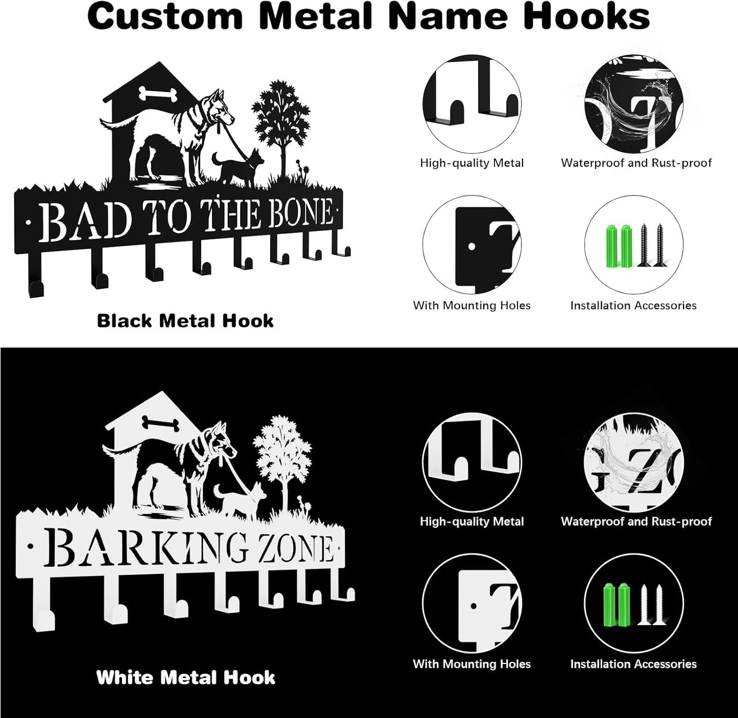 Custom Dog-Themed Key Hook Wall Decor,Personalized Engraved Metal Key Holder of Outdoor Doghouse&Daddy Dog and Puppy on Grass Design,Functional Key Hanger Wall Mount for Hallway