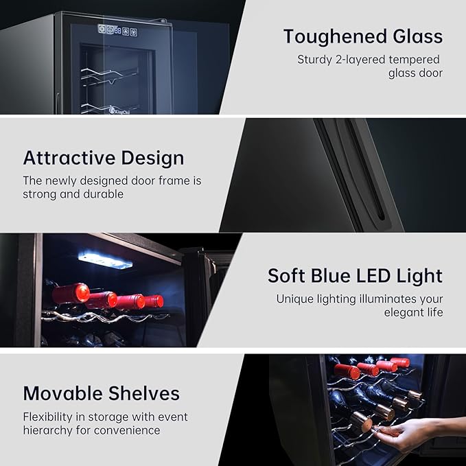 KingChii 18 Bottle Wine Cooler, Freestanding Wine Fridge with Glass Door, Adjustable Shelves & Digital Temperature Display Wine Refrigerator for Red, White, Champagne - Perfect for Home, Kitchen, Bar