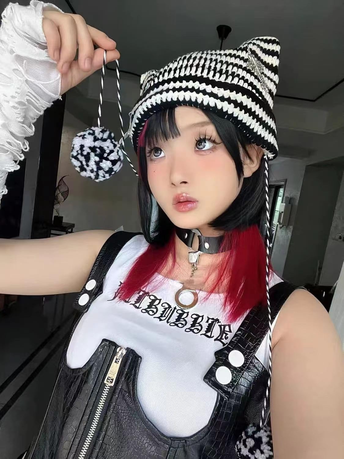 Y2k Beanies Crochet Knitted Cat Hats Goth Cross Devil Hat Striped Alt Emo Accessories Grunge Y2k Aesthetic Clothes (Gray,One Size)