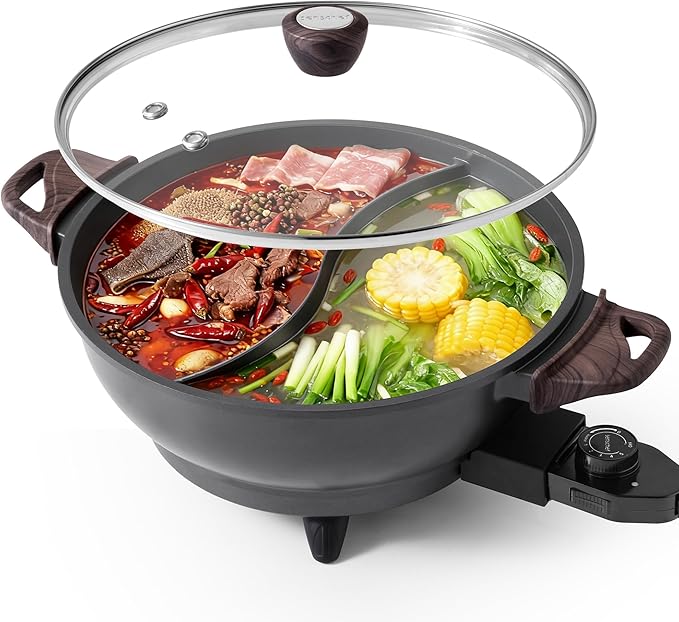 TWIN™ Electric Hot Pot with Divider | PFAS-Free Ceramic Nonstick Pot | EvenHeat Cast Aluminum Body | 1500W Fast Heating | Dual-Flavor Shabu Shabu Pots for Family Use | 1-Yr Warranty