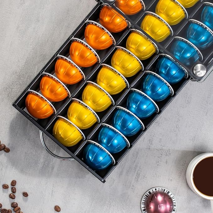 FlagShip Vertuo Pod Drawer Glass Top Coffee Capsule Organizer & Space-Saving for Nespresso Pod Holder Coffee Machine Stand(30 Vertuo Pods Capacity)