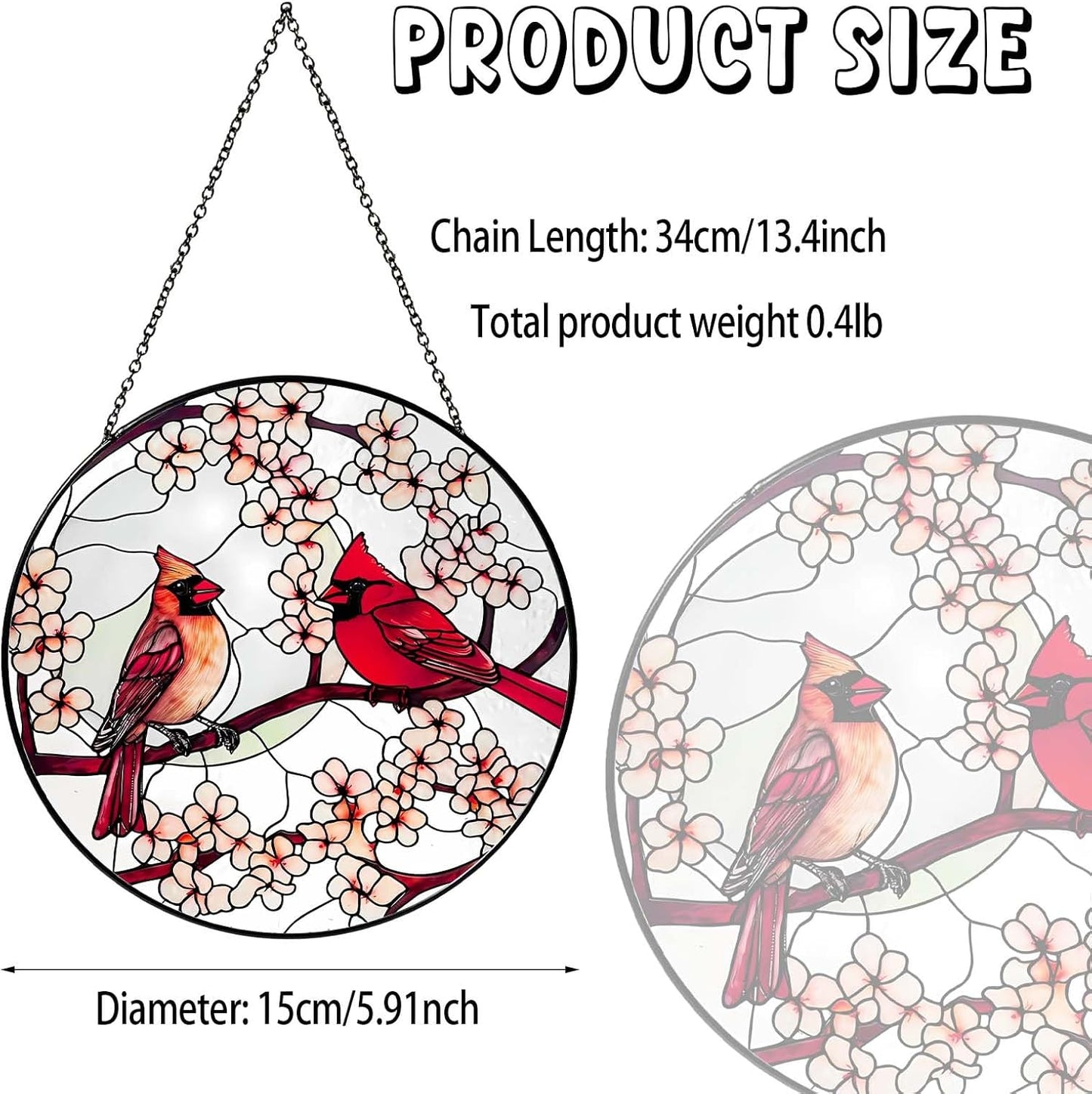 Cardinal Sun Catcher Stained Glass Window Hanging Cardinal Decor Gifts for Women Handmade Sun Catcher Decoration for Garden Home Housewarming Gift Valentine's Day Gifts（6 inch）