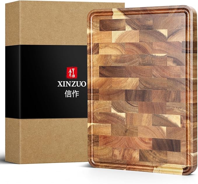 XINZUO Acacia Wood End Grain Cutting Board (13.8''L x 9.8''W x 1''T)-Wooden Chopping Board with Non-Slip Feet, Side Handles and Juice Groove