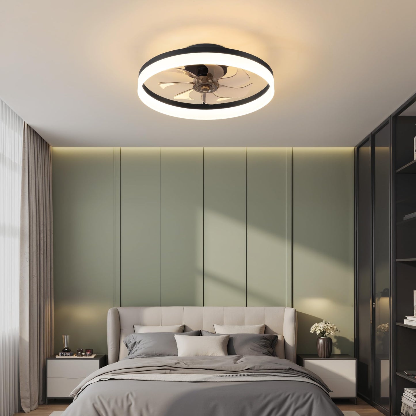 Pusu 15.8 Low Profile Led Ceiling Fans With Light  Reversible Flush Mount With Remote And 6 Winds Speeds Fan Lighting  3 Colors Dimmable For Bedroom  Garage  Kids  Dinning Room  Kitchen (Black)