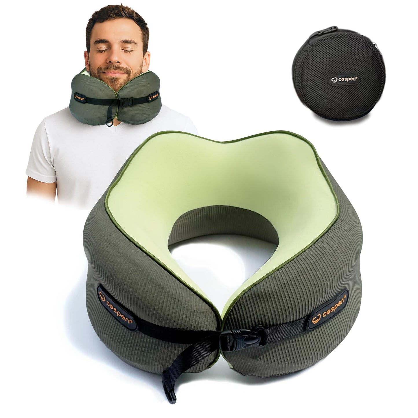 Cesperi® Travel Neck Pillow for Airplanes, Ergonomic Design, Airplane Neck Pillow with Memory Foam, Travel Essentials for Flights, Car Rides, and Home Rest, M Size, 140-210LB (Avocado Green)