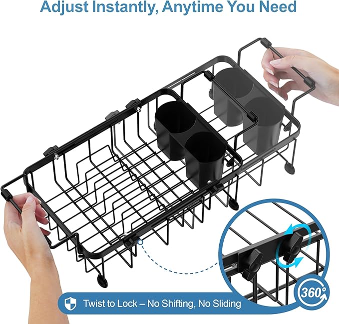 iSPECLE Small Sink Dish Drying Rack, Capacity Expandable Narrow Dish Drainer for RV Sink Apartment Kitchen with Utensil Holder, 12"-16.8" L x 9" W, Black