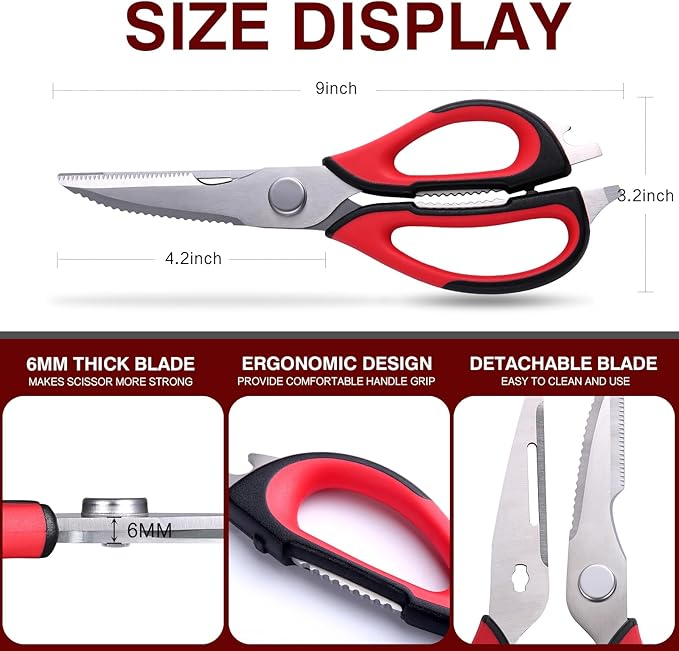 Kitchen Scissors All Purpose for Food, Heavy Duty Kitchen Shears that Come Apart, Sharp Stainless Steel Poultry Shears, Cooking Meat Scissors with Good Grips (Red)