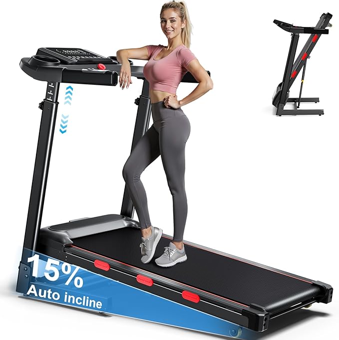 8.7MPH Treadmills for Home, 0%-15% Incline Walking Pad Treadmill with Auto-Folding, 3.5HP Wide Running Area Supports Up to...