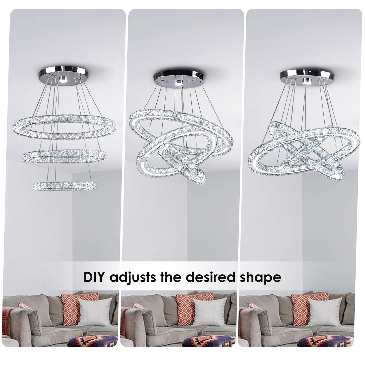 CXGLEAMING Modern Chandelier LED Pendant Light Fixture Dimmable 3 Rings Stainless Steel 250mm Base 209 Crystals